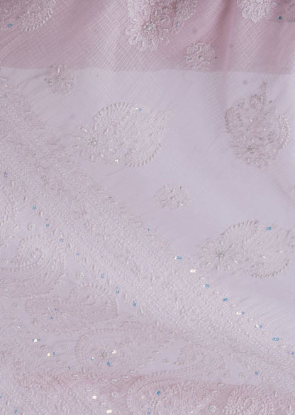 Firgun Baby Pink Lucknowi Chikankari Kota Doria Saree with Unstitched Blouse Piece