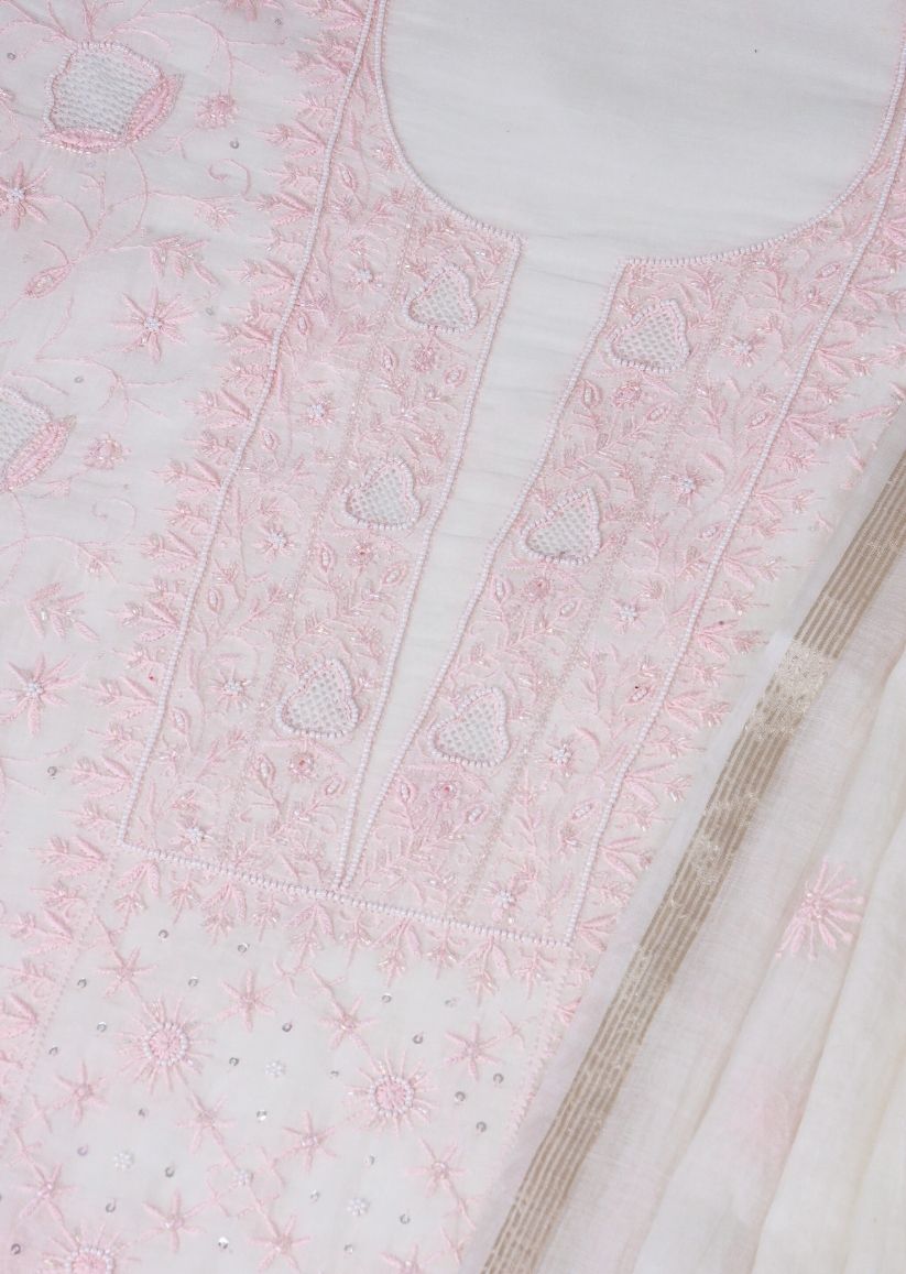 Firgun White & Pink Lucknowi Chikankari Mul Chanderi Unstitched Kurta & Dupatta Set