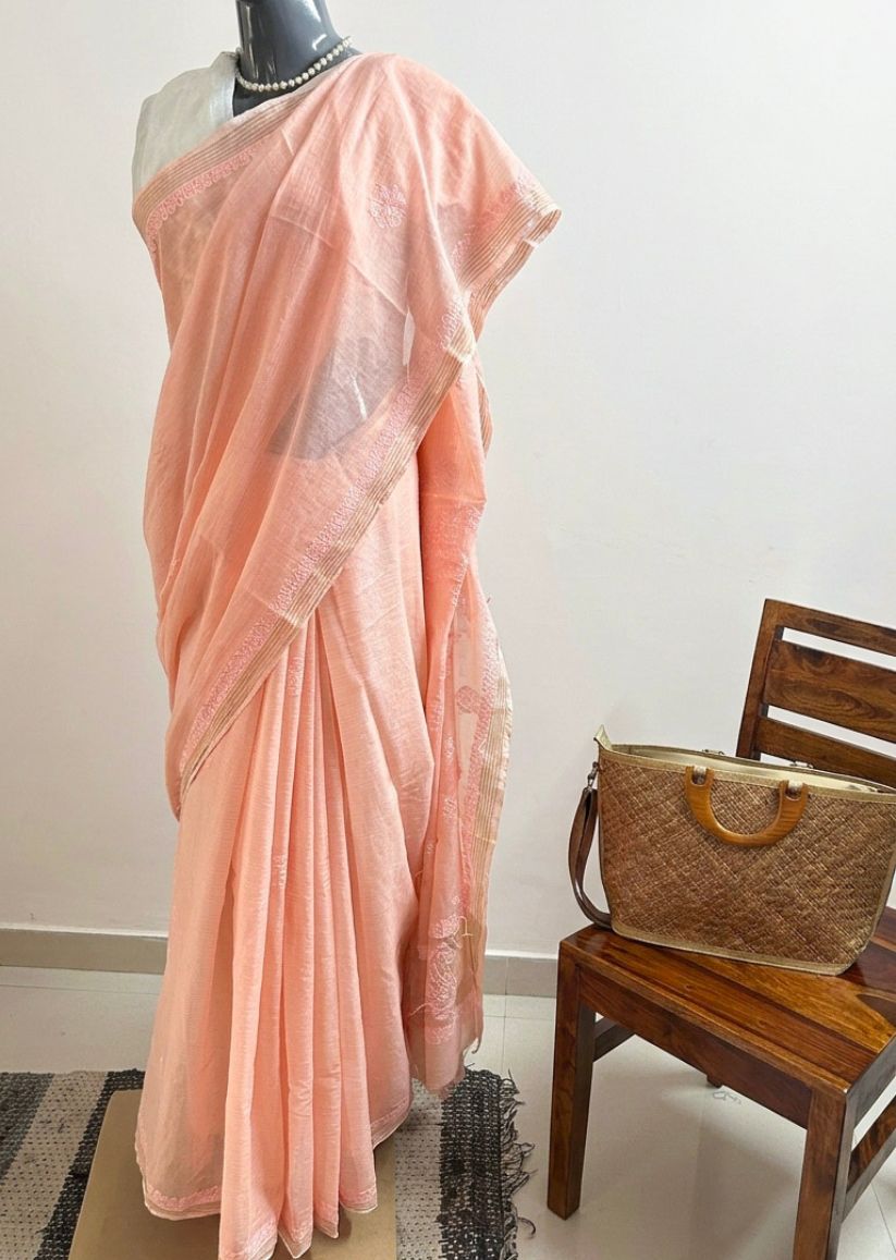 Firgun Orange Lucknowi Chikankari Mul Cotton Saree with Unstitched Blouse Piece