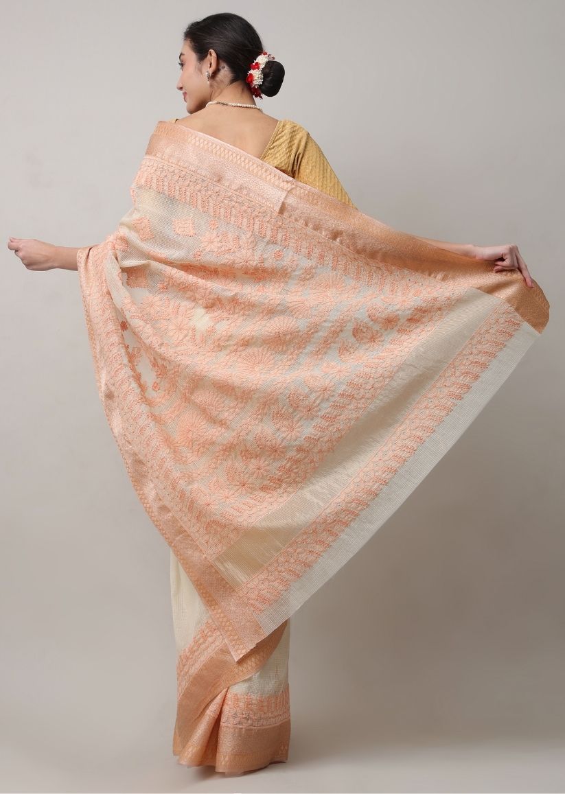 Firgun Beige Lucknowi Chikankari Cotton Saree with Unstitched Blouse Piece