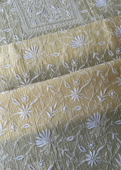 Firgun Pale Yellow Lucknowi Chikankari Mul Chanderi Unstitched Kurta & Dupatta Set
