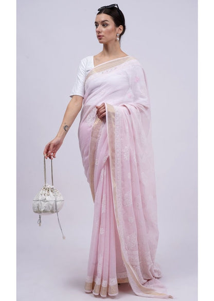 Firgun Baby Pink Lucknowi Chikankari Kota Doria Saree with Unstitched Blouse Piece