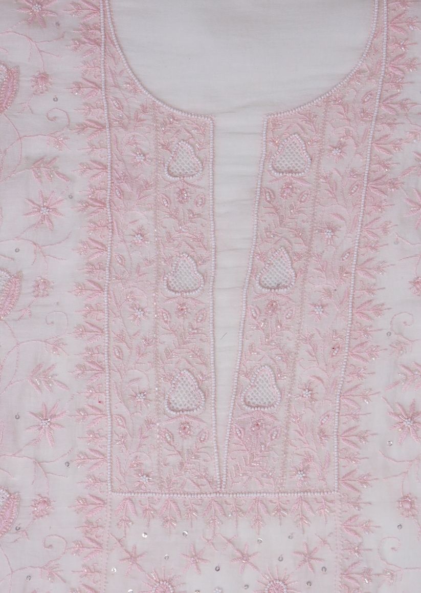 Firgun White & Pink Lucknowi Chikankari Mul Chanderi Unstitched Kurta & Dupatta Set
