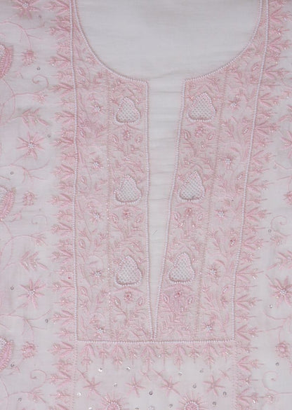 Firgun White & Pink Lucknowi Chikankari Mul Chanderi Unstitched Kurta & Dupatta Set
