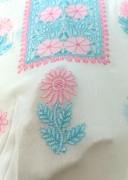 Firgun White Multi Colour Lucknowi Chikankari Viscose Georgette Unstitched Kurta & Dupatta Set