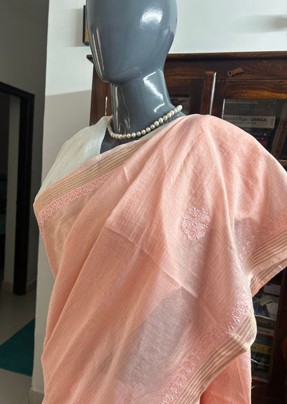 Firgun Orange Lucknowi Chikankari Mul Cotton Saree with Unstitched Blouse Piece