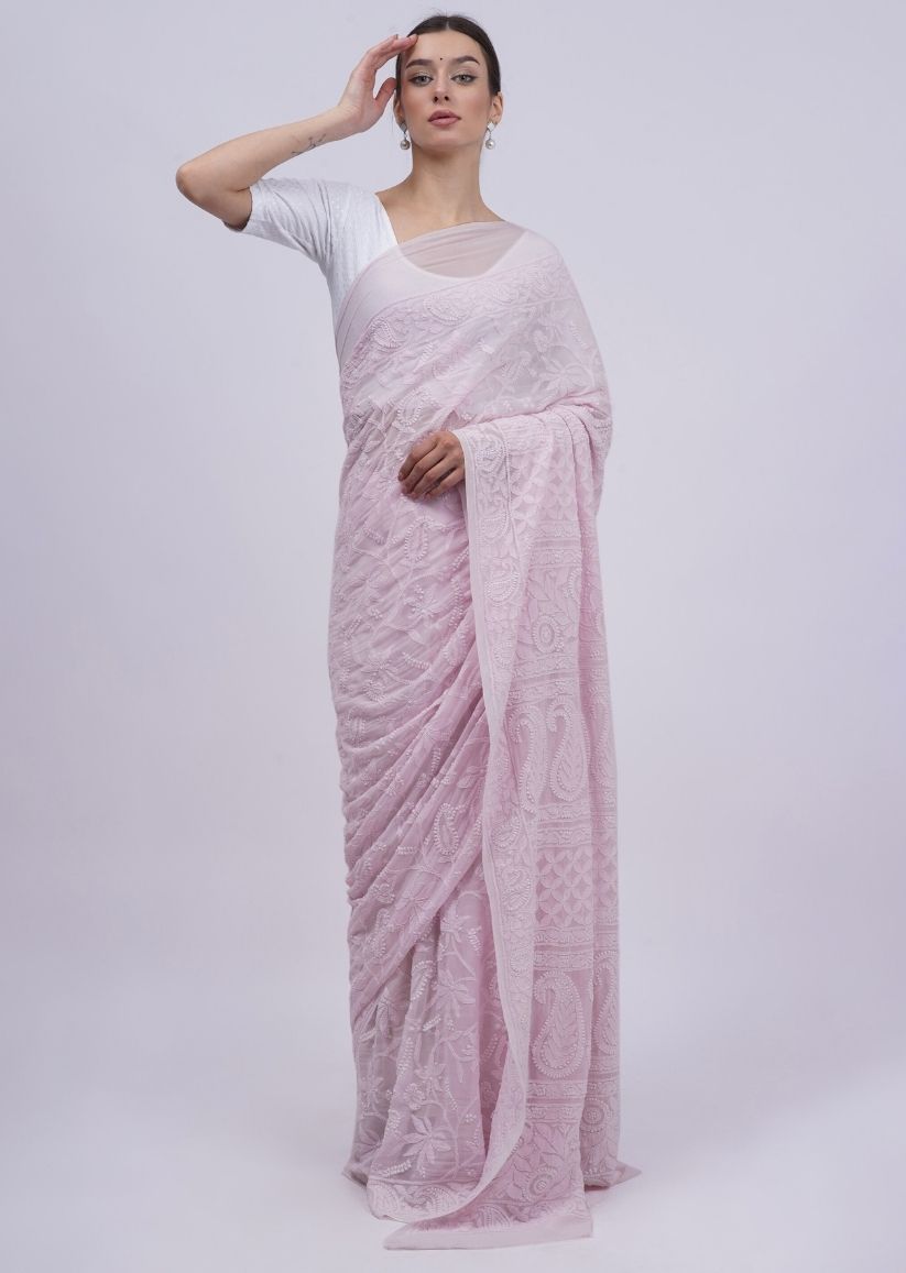 Firgun Pastel Pink Lucknowi Chikankari Viscose Georgette Saree with Unstitched Blouse Piece