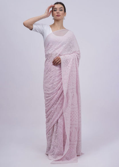 Firgun Pastel Pink Lucknowi Chikankari Viscose Georgette Saree with Unstitched Blouse Piece