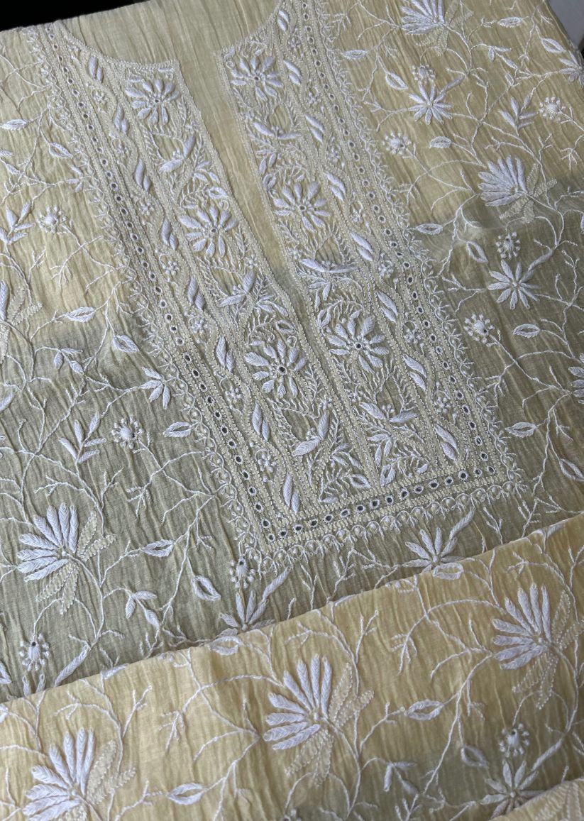 Firgun Pale Yellow Lucknowi Chikankari Mul Chanderi Unstitched Kurta & Dupatta Set