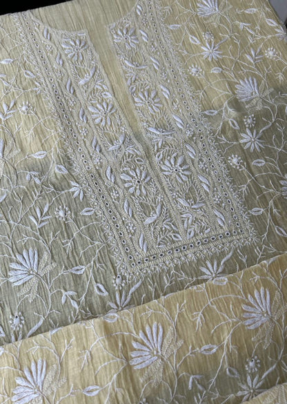 Firgun Pale Yellow Lucknowi Chikankari Mul Chanderi Unstitched Kurta & Dupatta Set
