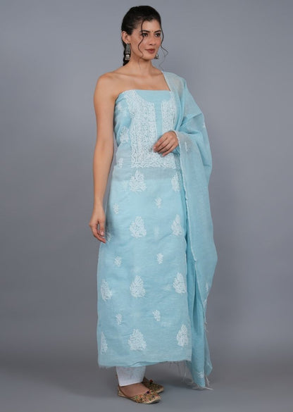 Firgun Blue Lucknowi Chikankari Linen Unstitched Kurta & Dupatta Set