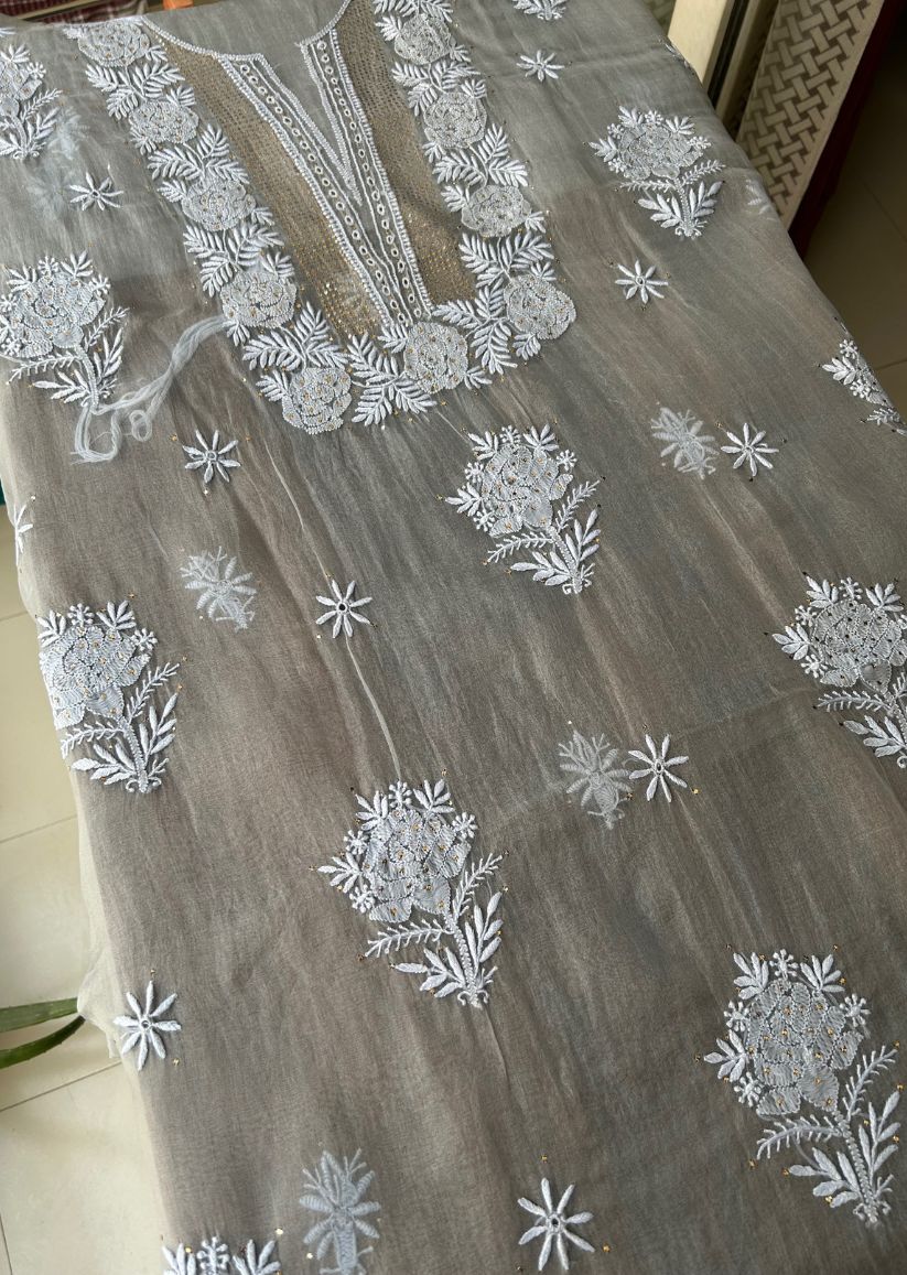 Firgun Grey Lucknowi Chikankari Pure Organza Unstitched Kurta & Dupatta Set