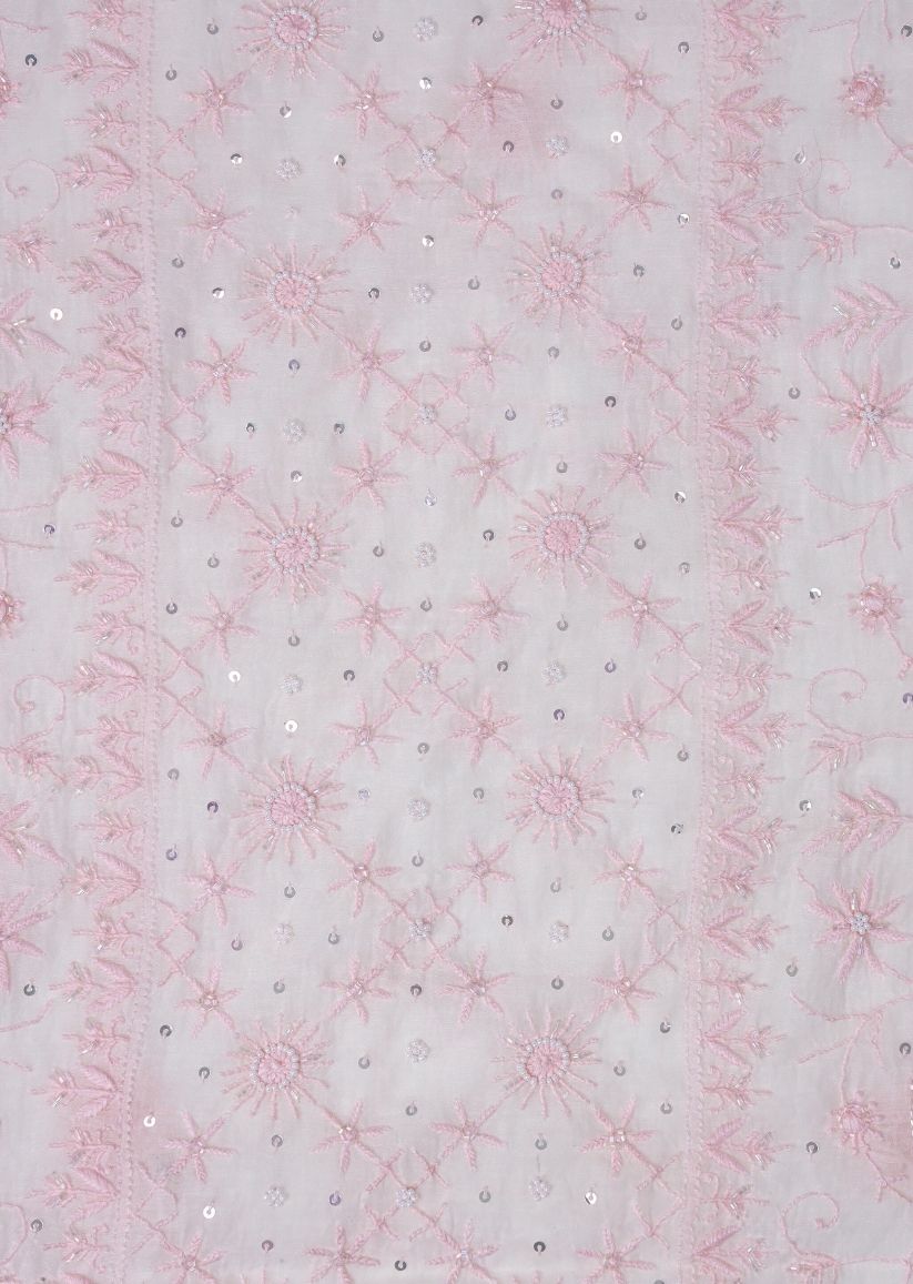 Firgun White & Pink Lucknowi Chikankari Mul Chanderi Unstitched Kurta & Dupatta Set