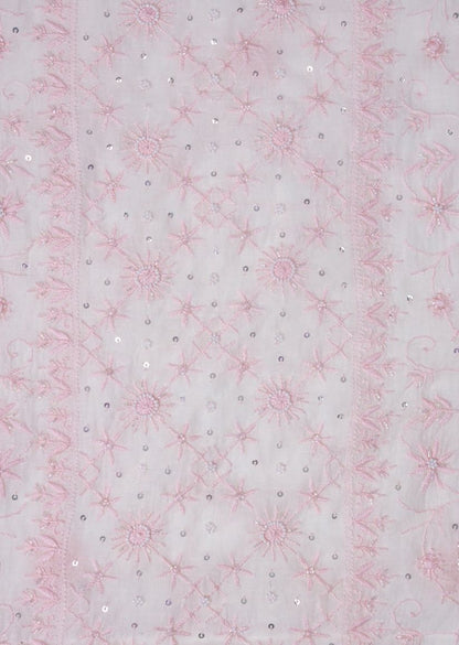 Firgun White & Pink Lucknowi Chikankari Mul Chanderi Unstitched Kurta & Dupatta Set