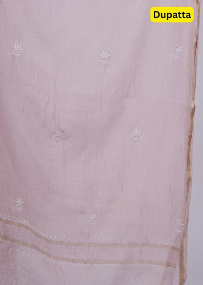 Firgun Pale Pink Lucknowi Chikankari Mul Chanderi Unstitched Kurta & Dupatta Set