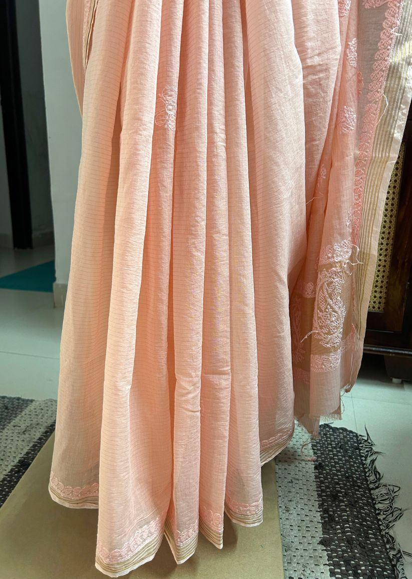 Firgun Orange Lucknowi Chikankari Mul Cotton Saree with Unstitched Blouse Piece