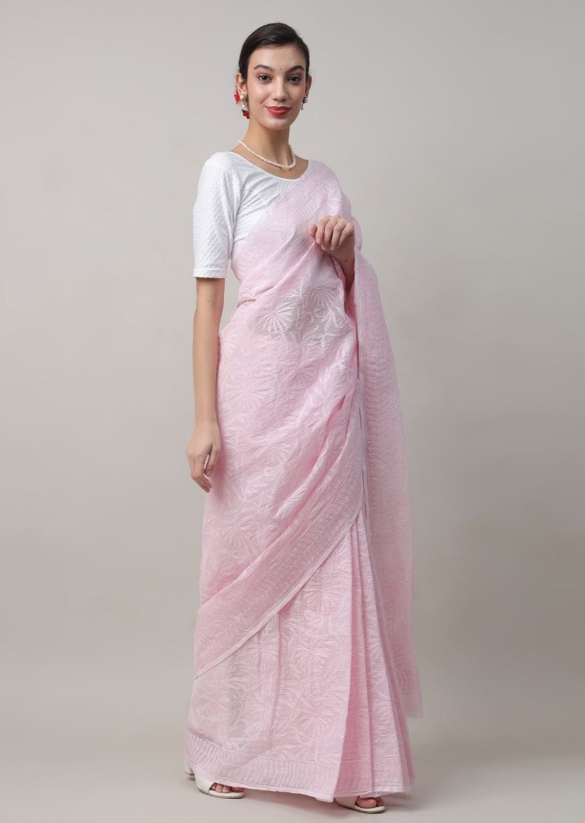 Firgun Baby Pink Lucknowi Chikankari Kota Doria Tepchi Work Saree with Blouse Piece