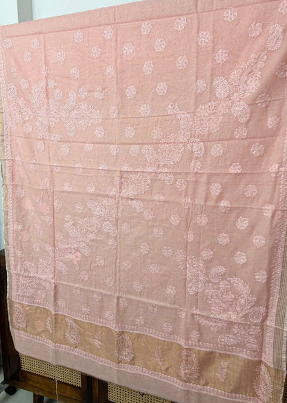 Firgun Orange Lucknowi Chikankari Mul Cotton Saree with Unstitched Blouse Piece