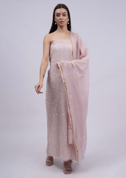 Firgun Pale Pink Lucknowi Chikankari Mul Chanderi Unstitched Kurta & Dupatta Set