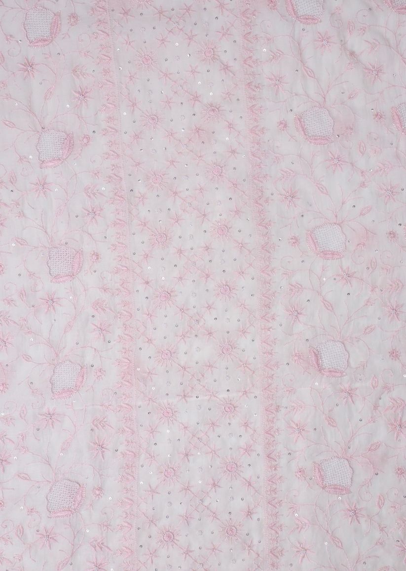 Firgun White & Pink Lucknowi Chikankari Mul Chanderi Unstitched Kurta & Dupatta Set