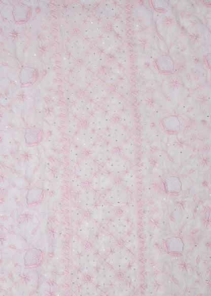 Firgun White & Pink Lucknowi Chikankari Mul Chanderi Unstitched Kurta & Dupatta Set