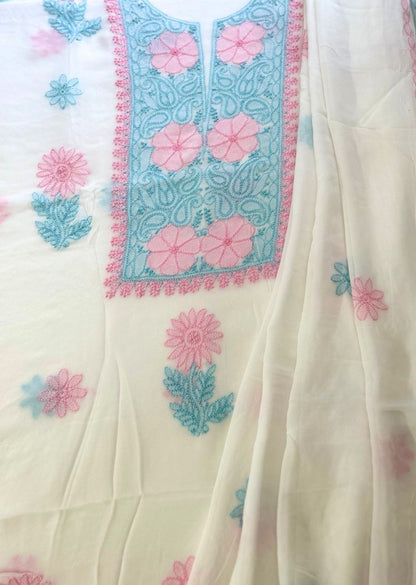 Firgun White Multi Colour Lucknowi Chikankari Viscose Georgette Unstitched Kurta & Dupatta Set