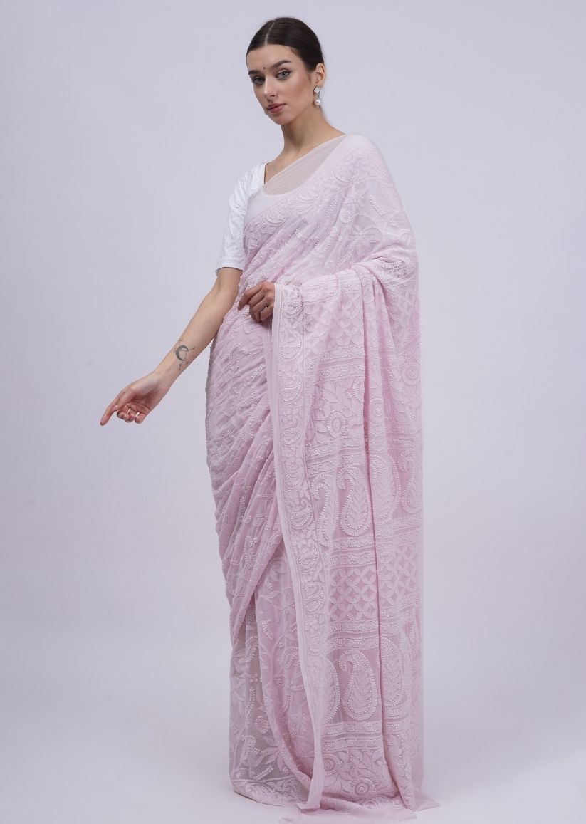 Firgun Pastel Pink Lucknowi Chikankari Viscose Georgette Saree with Unstitched Blouse Piece