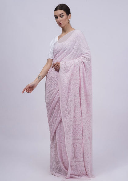 Firgun Pastel Pink Lucknowi Chikankari Viscose Georgette Saree with Unstitched Blouse Piece