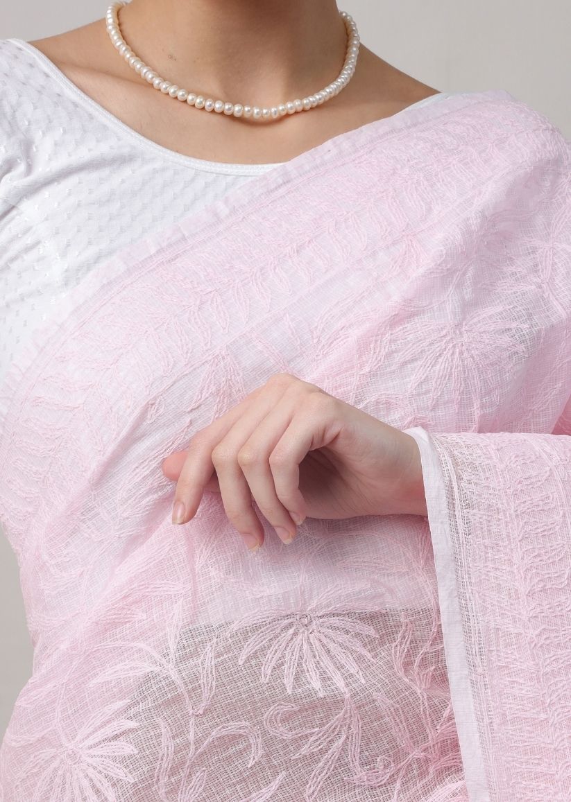 Firgun Baby Pink Lucknowi Chikankari Kota Doria Tepchi Work Saree with Blouse Piece