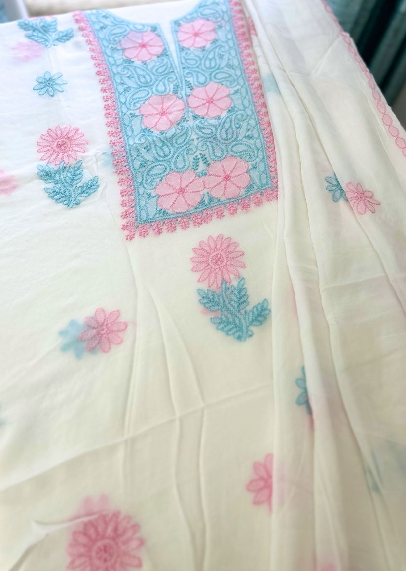 Firgun White Multi Colour Lucknowi Chikankari Viscose Georgette Unstitched Kurta & Dupatta Set