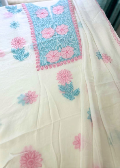 Firgun White Multi Colour Lucknowi Chikankari Viscose Georgette Unstitched Kurta & Dupatta Set