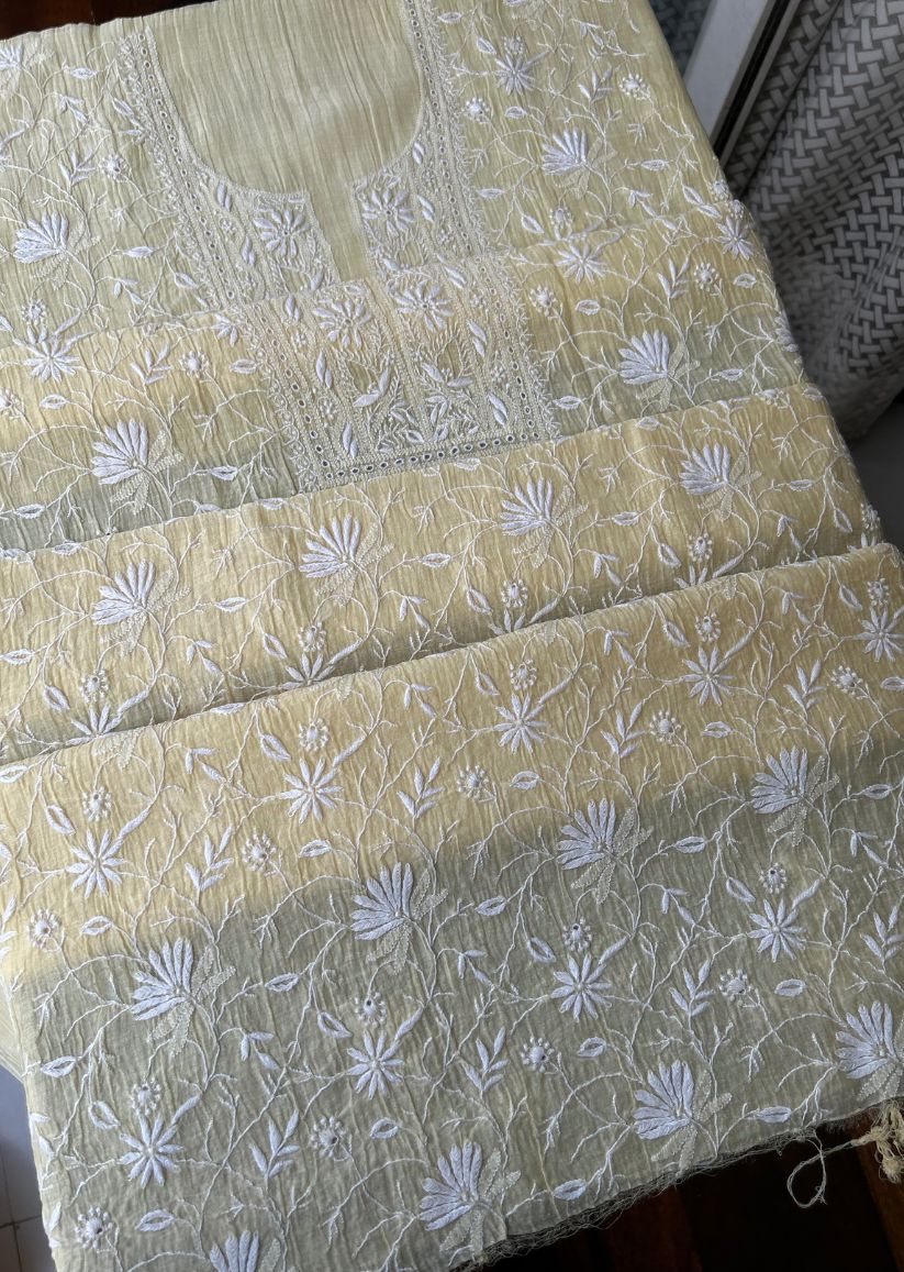 Firgun Pale Yellow Lucknowi Chikankari Mul Chanderi Unstitched Kurta & Dupatta Set