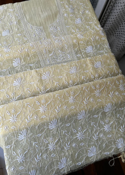Firgun Pale Yellow Lucknowi Chikankari Mul Chanderi Unstitched Kurta & Dupatta Set
