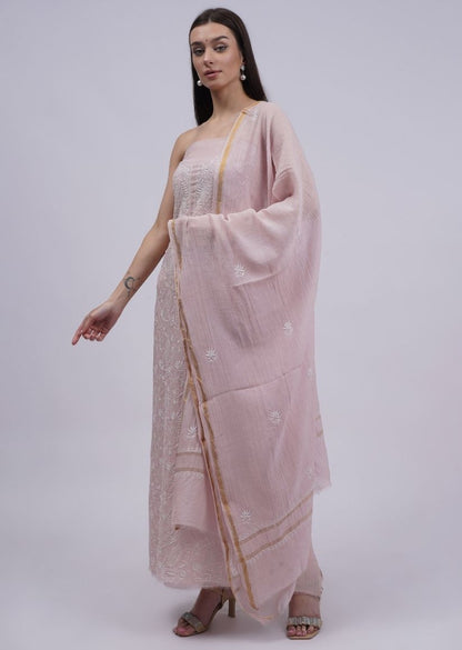 Firgun Pale Pink Lucknowi Chikankari Mul Chanderi Unstitched Kurta & Dupatta Set