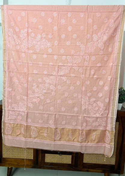 Firgun Orange Lucknowi Chikankari Mul Cotton Saree with Unstitched Blouse Piece