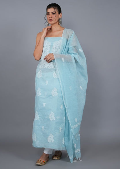 Firgun Blue Lucknowi Chikankari Linen Unstitched Kurta & Dupatta Set