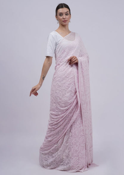 Firgun Pastel Pink Lucknowi Chikankari Viscose Georgette Saree with Unstitched Blouse Piece