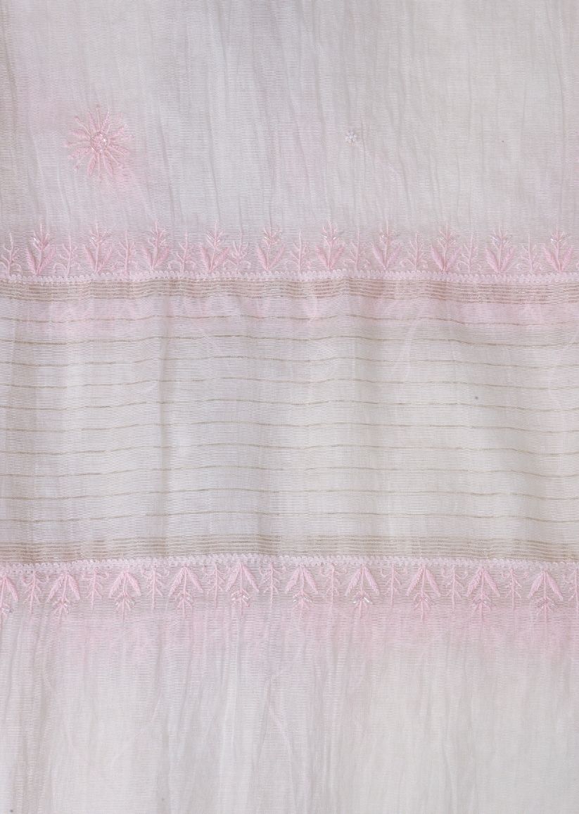 Firgun White & Pink Lucknowi Chikankari Mul Chanderi Unstitched Kurta & Dupatta Set