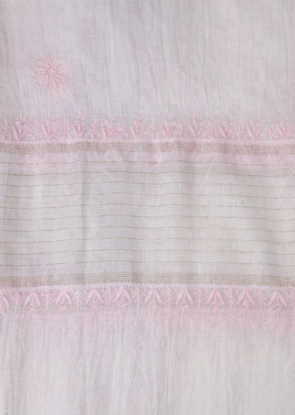Firgun White & Pink Lucknowi Chikankari Mul Chanderi Unstitched Kurta & Dupatta Set