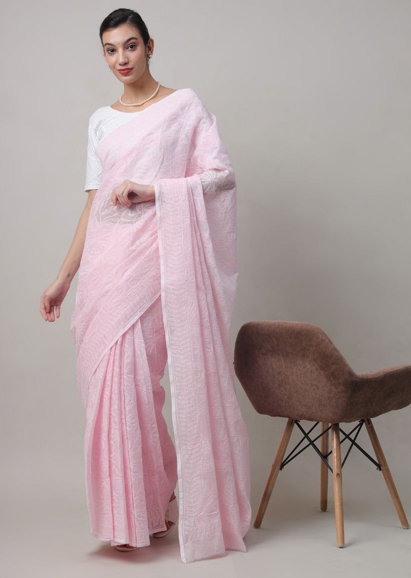Firgun Baby Pink Lucknowi Chikankari Kota Doria Tepchi Work Saree with Blouse Piece