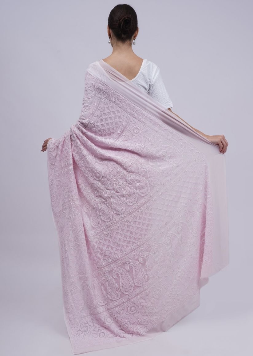 Firgun Pastel Pink Lucknowi Chikankari Viscose Georgette Saree with Unstitched Blouse Piece