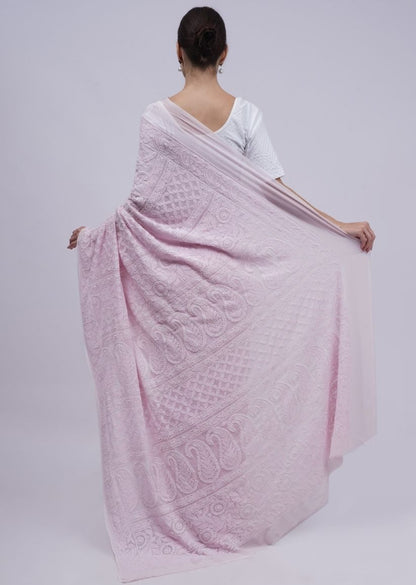 Firgun Pastel Pink Lucknowi Chikankari Viscose Georgette Saree with Unstitched Blouse Piece