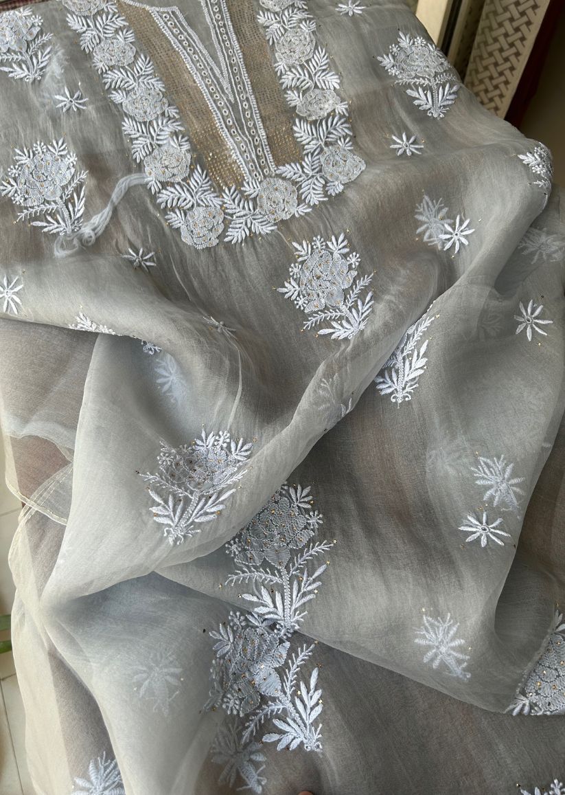 Firgun Grey Lucknowi Chikankari Pure Organza Unstitched Kurta & Dupatta Set
