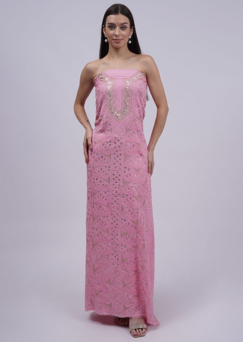 Firgun Pink Lucknowi Chikankari & Gota Patti Viscose Georgette Unstitched Kurta & Dupatta Set