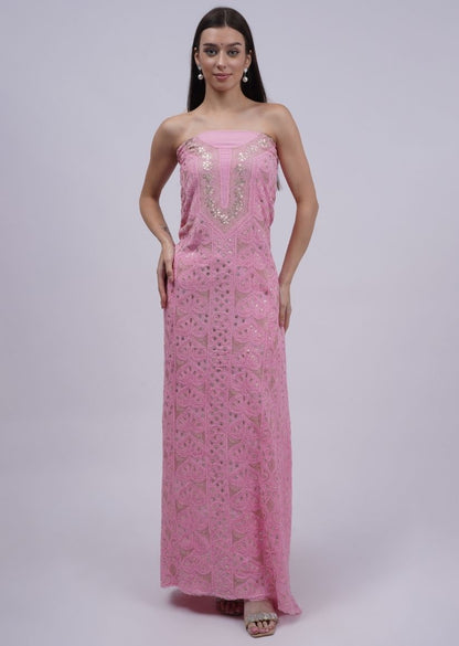 Firgun Pink Lucknowi Chikankari & Gota Patti Viscose Georgette Unstitched Kurta & Dupatta Set