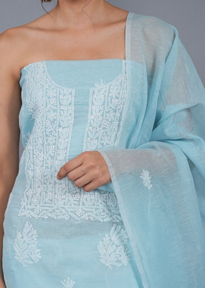 Firgun Blue Lucknowi Chikankari Linen Unstitched Kurta & Dupatta Set