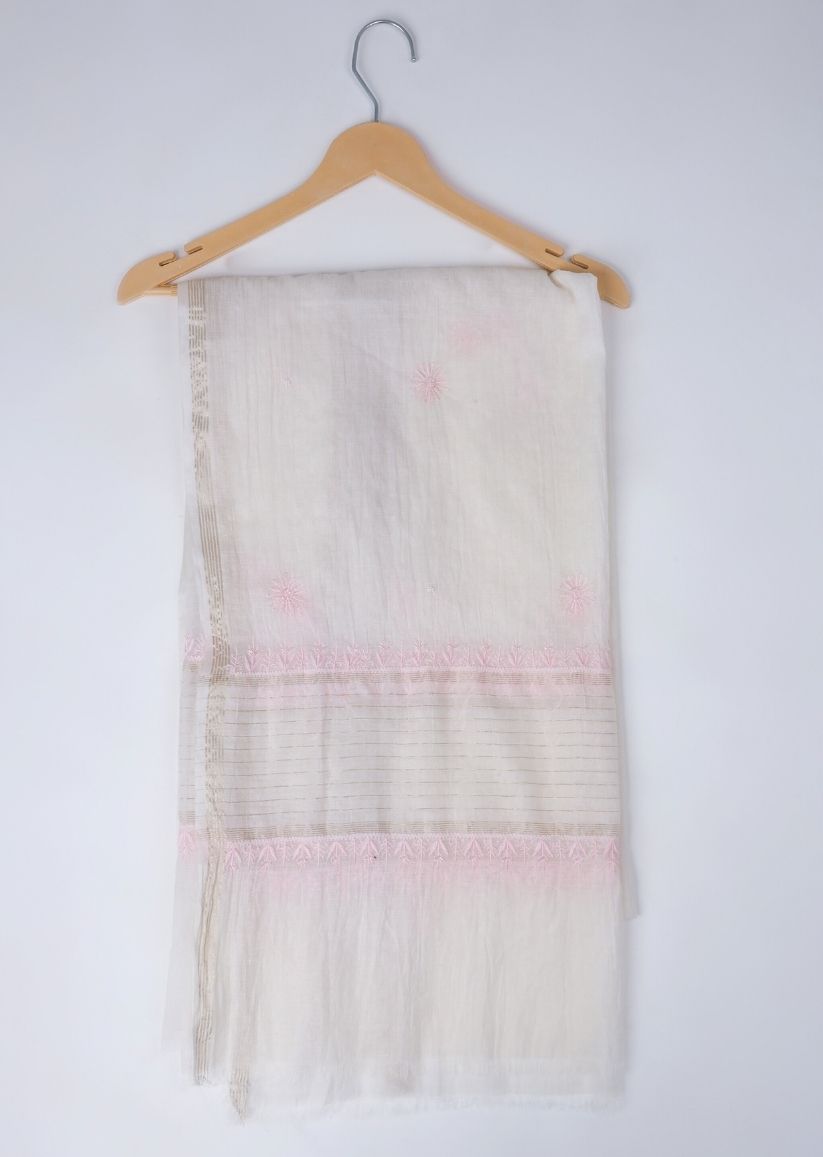 Firgun White & Pink Lucknowi Chikankari Mul Chanderi Unstitched Kurta & Dupatta Set