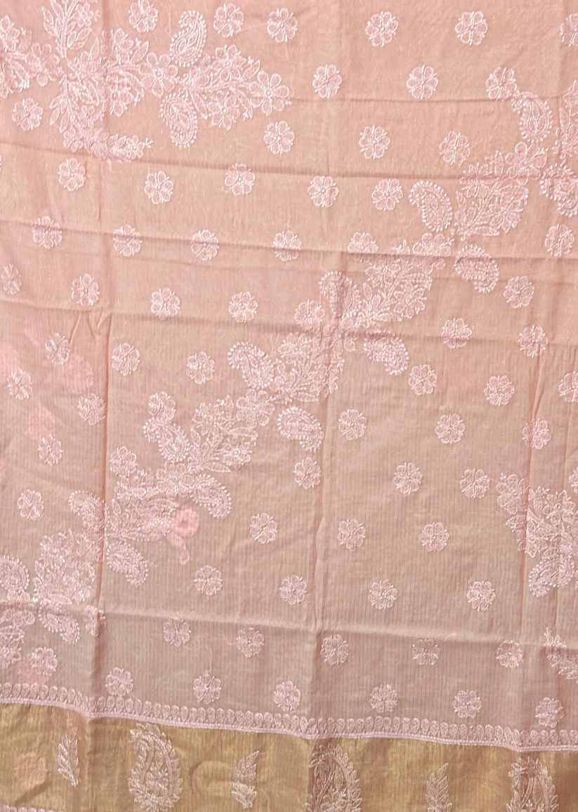 Firgun Orange Lucknowi Chikankari Mul Cotton Saree with Unstitched Blouse Piece