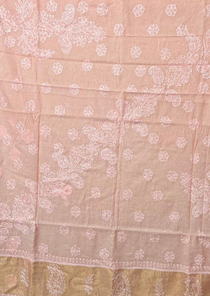 Firgun Orange Lucknowi Chikankari Mul Cotton Saree with Unstitched Blouse Piece
