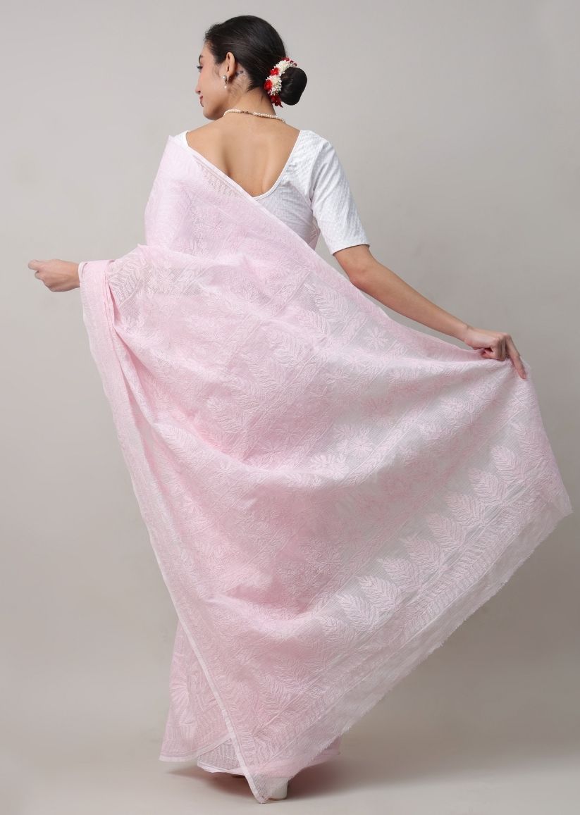Firgun Baby Pink Lucknowi Chikankari Kota Doria Tepchi Work Saree with Blouse Piece